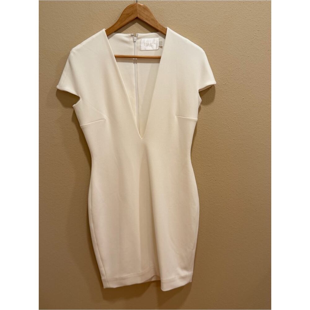 Solace London Women’s Deep V-Neck Short Sleeve Bodycon Dress in Cream 8 - Picture 10 of 14